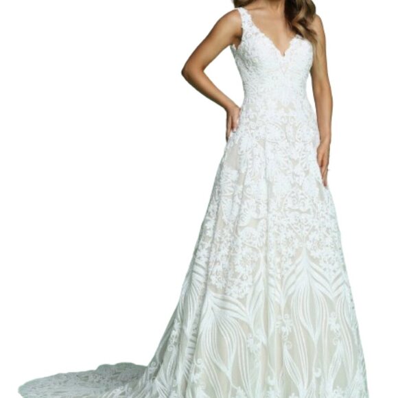 NWT Da Vinci 50613 Patterned Sequined Wedding Dress Ivory Ivory size 12 - Picture 1 of 9